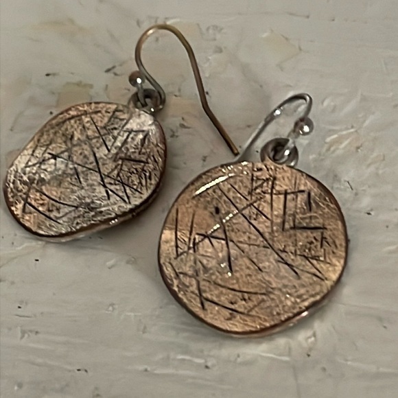 1” gold tone round textured medallion dangle earrings on hypoallergenic wires - Picture 5 of 13